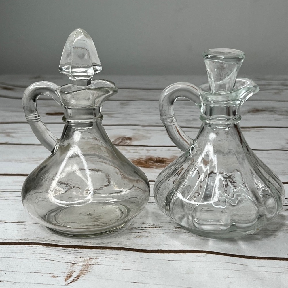 Vintage Clear Glass Cruet Set Teardrop Oil Vinegar Bottles with Stoppers 6in